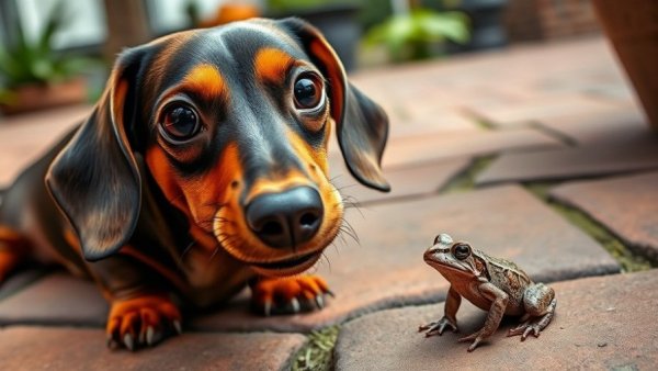 Funny dachshund watching a toad on patio, animal funny pictures.