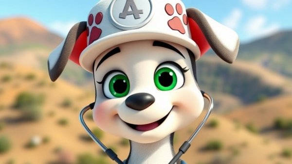 Colorful pet cartoon character in a vet outfit for kids.