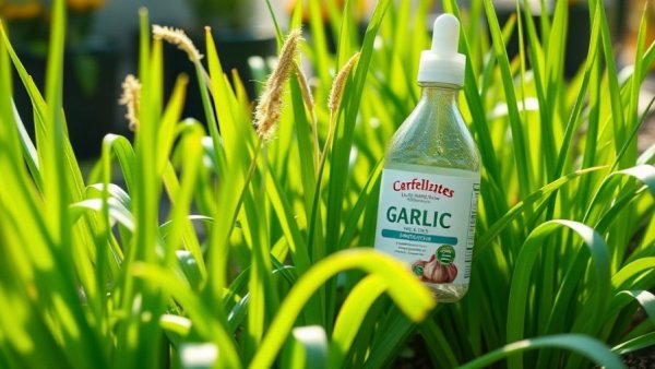 Vibrant garlic plants with fish fertilizer in garden, fertilizing garlic.