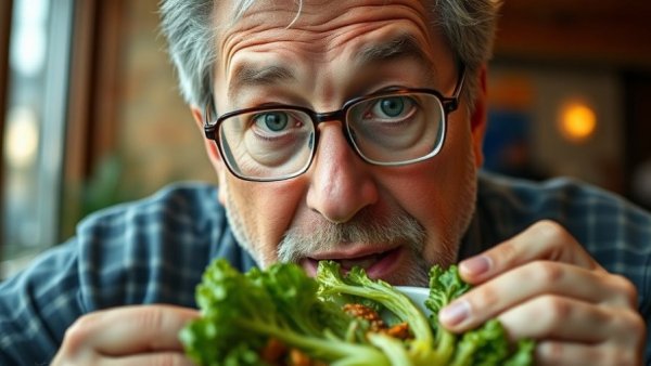 Middle-aged man curiously tasting escarole indoors.