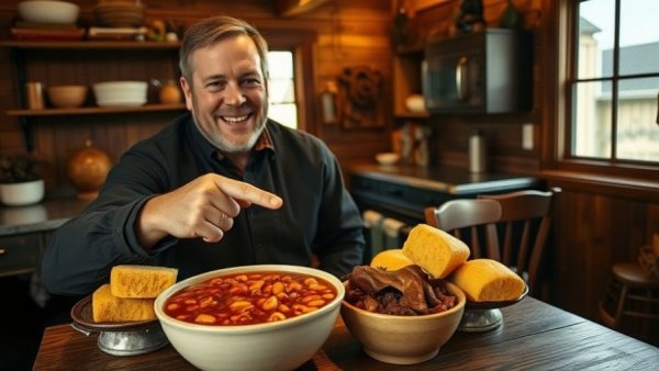 Pinto beans and ham hock recipe in cozy kitchen with cornbread and chef.