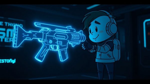 Futuristic holographic weapon display with cartoon character.