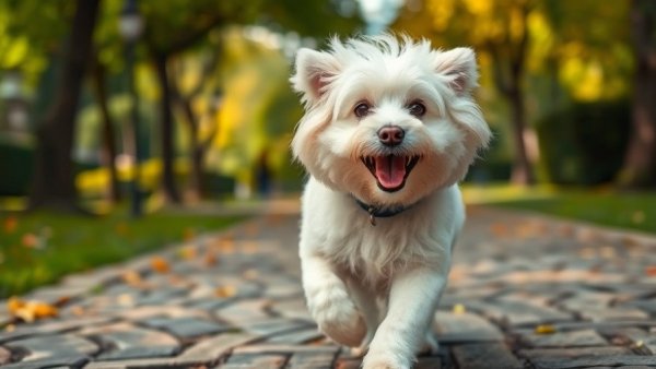 Fluffy white dog on cobblestones in a park, traveling with pets guide.