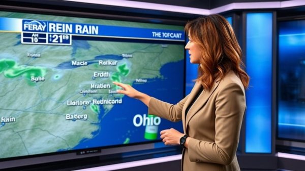 Miami Valley weather update: presenter showing rain on map.