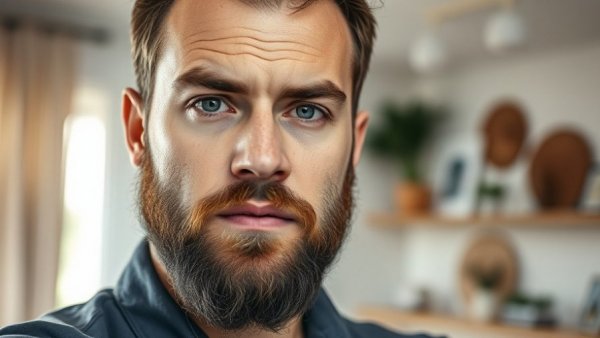 Portrait of a bearded man, serious expression, modern interior.