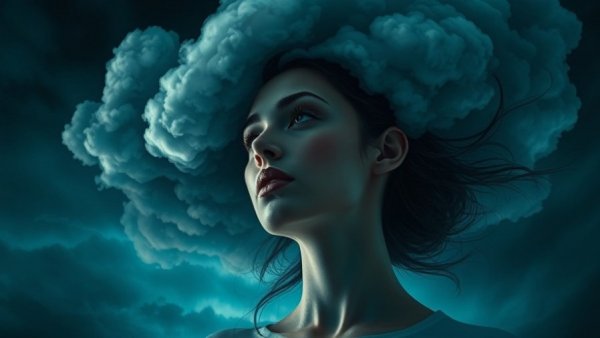 Perimenopause brain fog conceptual image with cloudy storm effect.