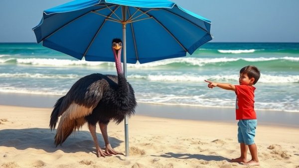 Funny cassowary under an umbrella on a beach, smarter than it looks.