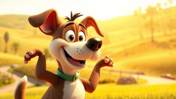 3D cartoon pet dog playfully posing in a sunny park