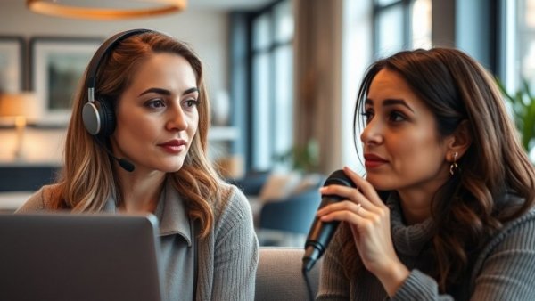 Two women discussing in a video call, one wearing a headset and the other speaking into a microphone.