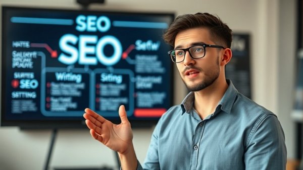Young man explaining SEO strategies with diagram in background.
