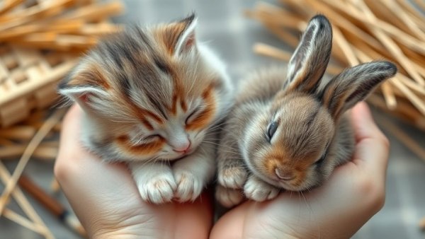 Cute sleeping kitten and bunny in hands, perfect for funny animal videos for kids.