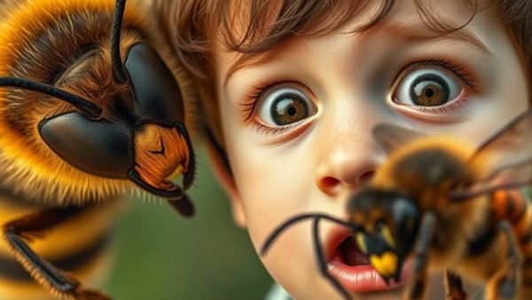 Surprised boy reacts to a bee close-up, secrets of the bees theme.