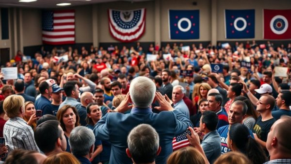 Crowd at Ohio gubernatorial election rally with speaker on stage.