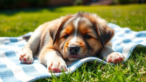 Content puppy sunbathing on a towel in a grassy yard.