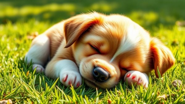 Funny puppy video featuring a napping puppy on grass.