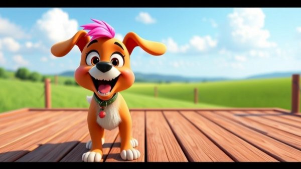 Funny pet cartoons: excited animated dog on deck with scenic field.