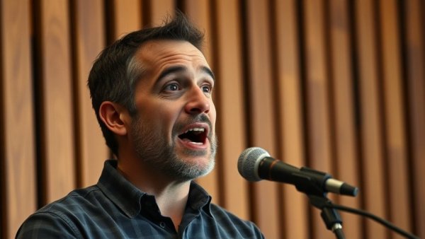 Man discussing content optimization on microphone with wood panel backdrop.