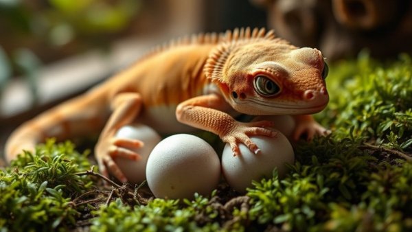 Female crested gecko laying eggs on moss