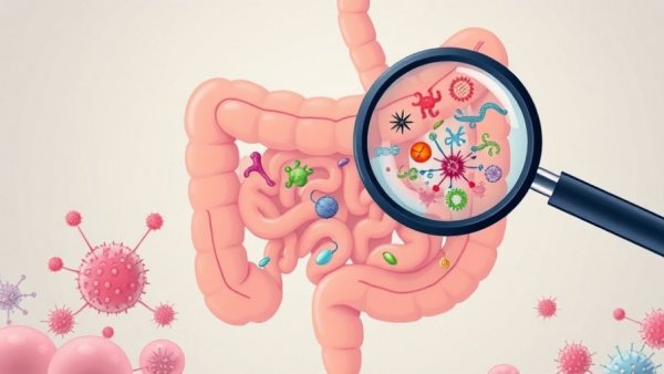 Gut microbiome and colorectal cancer risk illustration with intestine and microbes.