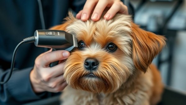 Dog grooming with clippers on a table indoors.