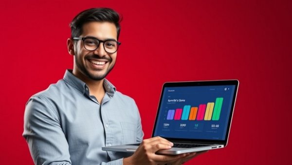 Smiling man with laptop showing brand visibility score, ChatGPT Brand Monitoring.