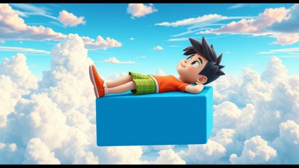 Colorful pixelated character on a floating cube in a 3D cartoon style.