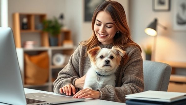 Woman wearing Riikyu Kangaroo Pouch Sweater for Pets, working with dog.