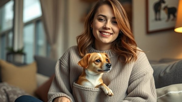 Riikyu Kangaroo Pouch Sweater with dog in pocket indoors.