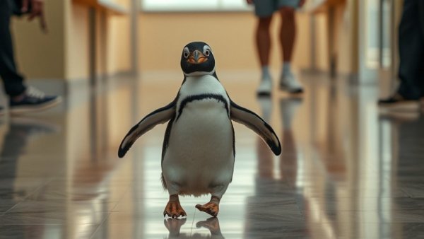 Funny pet stories: Penguin walking with person indoors.