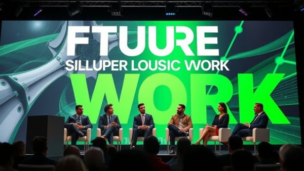 AI's Impact on Future of Work discussion with business experts, modern graphic design.