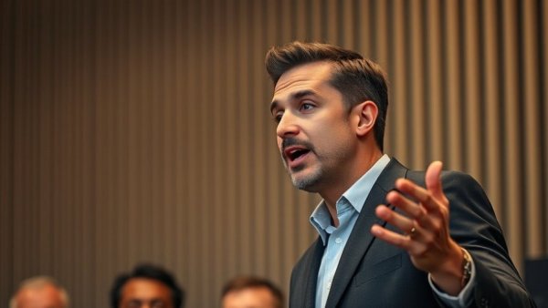 Charismatic speaker addressing modern audience, write for AI.