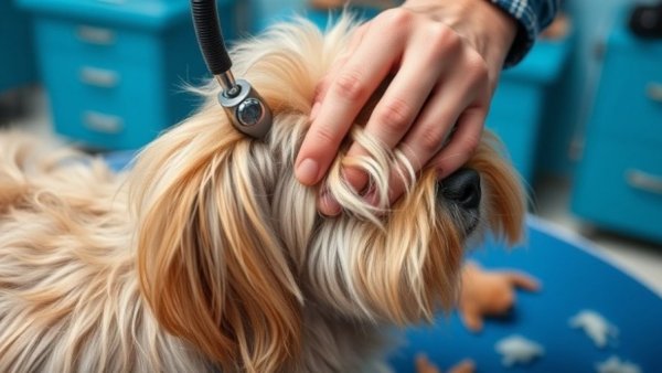 Close-up of pet grooming with fur clippings on table.