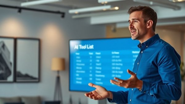 AI tool tier list presentation by a man in blue shirt.