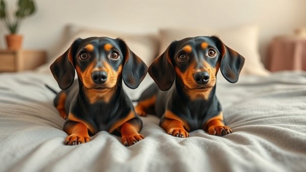 Two dachshunds with curious expressions lying on a bed.