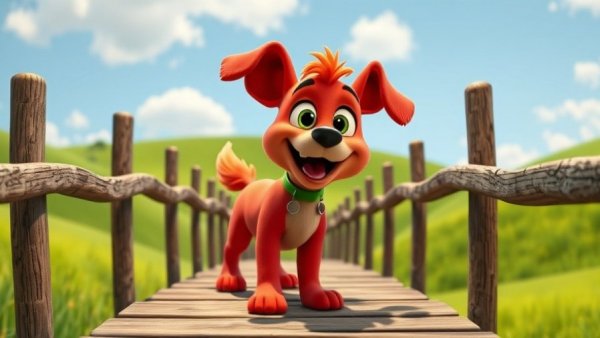 Cartoon pet dog for kids on a bridge, vibrant 3D animation.
