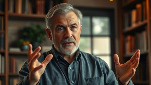 Middle-aged man discussing polyfunctional robots in a warm library setting.