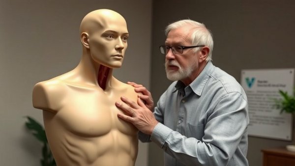 Man demonstrating throat care techniques using a mannequin torso.