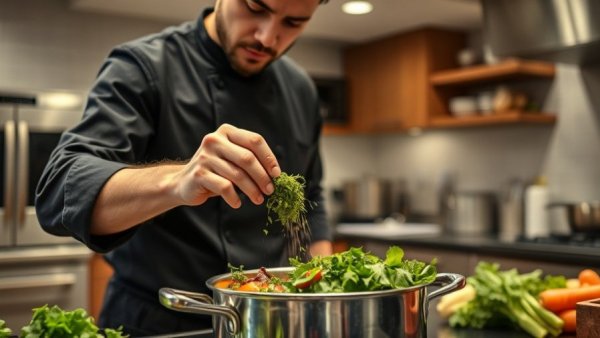 Chef showcasing herbs in a modern kitchen, healthy dining Ohio menu.