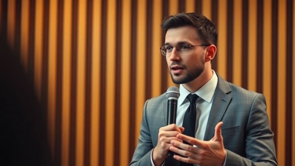 SEO marketing presenter speaking into a microphone in a studio.