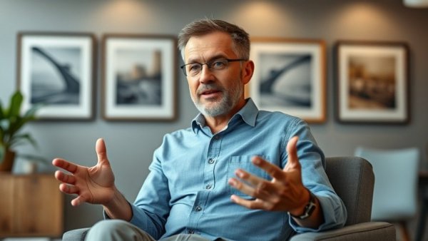 Confident man discussing importance of a supportive partner in an office.