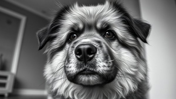 Fluffy dog with intense expression in black and white.