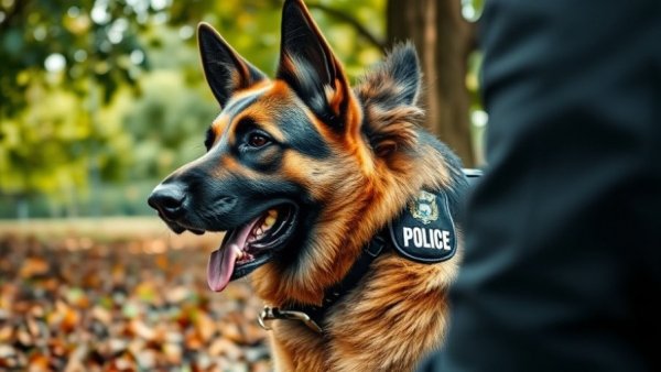 German Shepherd engaging in a police interview outdoors.