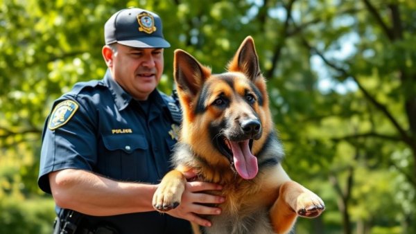 German Shepherd police dog playfully interacts during an interview.