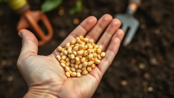 Hand holding corn seeds for planting with planting text.