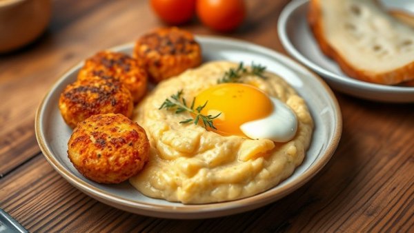Healthy dining Ohio menu featuring salmon croquettes, gouda grits, and eggs.