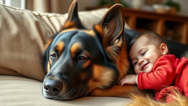 Big dog as babysitter: German Shepherd and smiling baby cuddling on couch