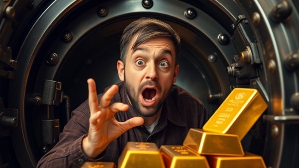 KGLD Gold Income ETF concept with gold bars and surprised man.