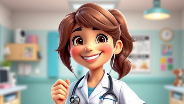 Animated female vet character in pet cartoon for kids.