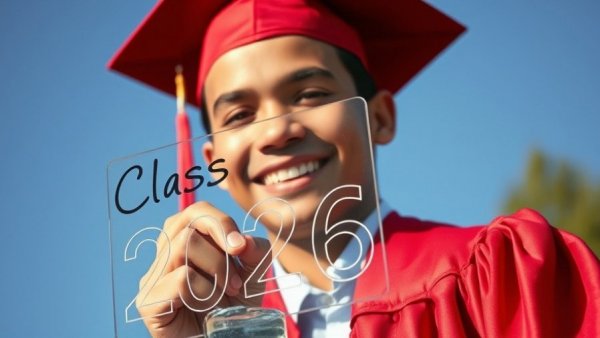 Class of 2026 graduate in red robe writes on glass with blue sky.