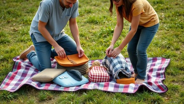 Serene outdoor setup with people arranging items on a blanket.
